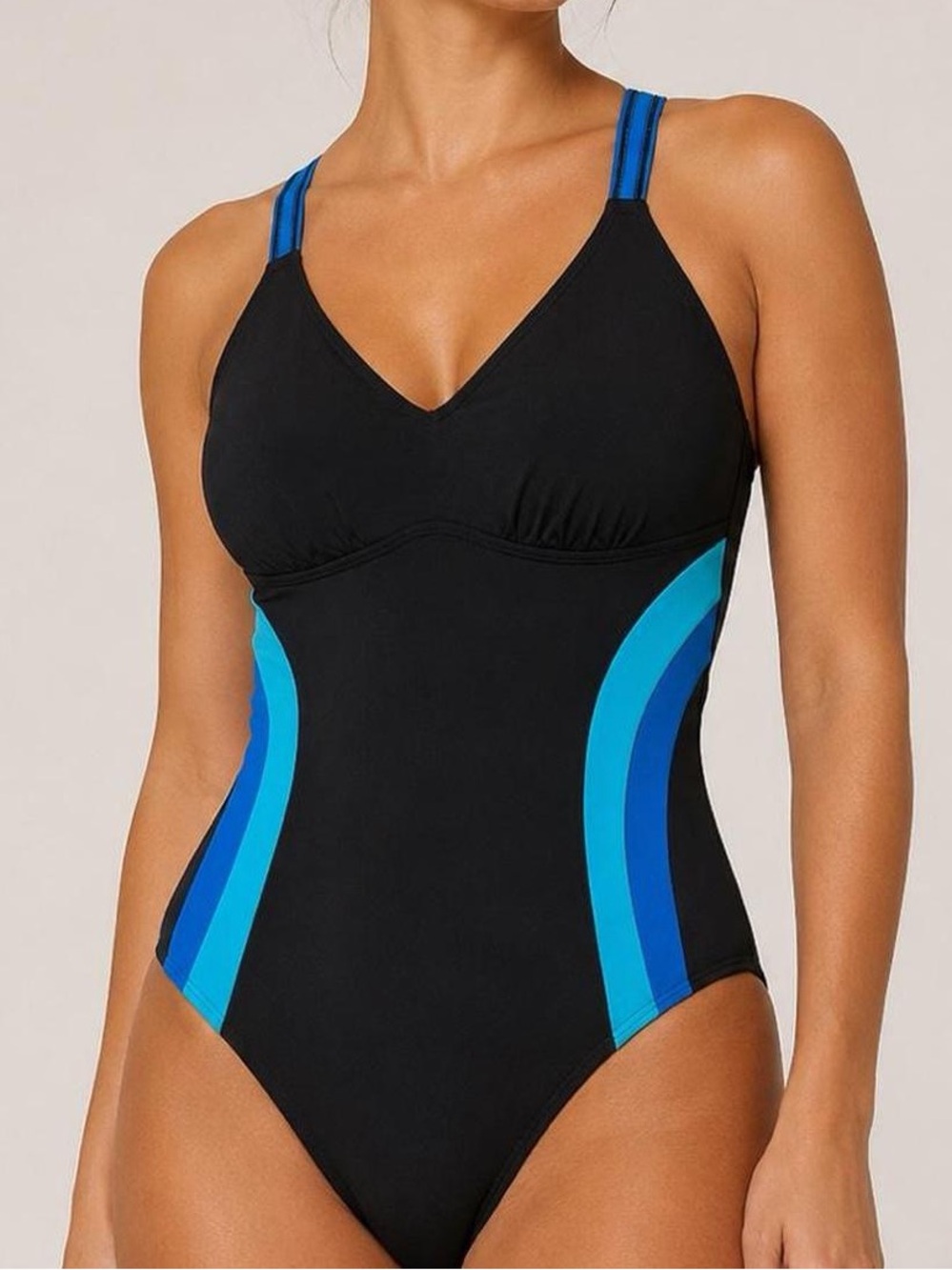 Lands End One Piece Swimsuit Size 14 Black Blue Colorblock Crossback Resort Pool